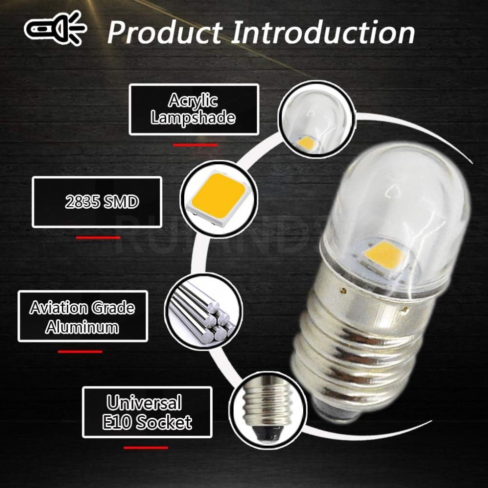 Kodu: 1157 - E10 Baz Soket Led Ampul Beyaz Mini Kafa El Feneri Lambası 5'li El Feneri Ampuller